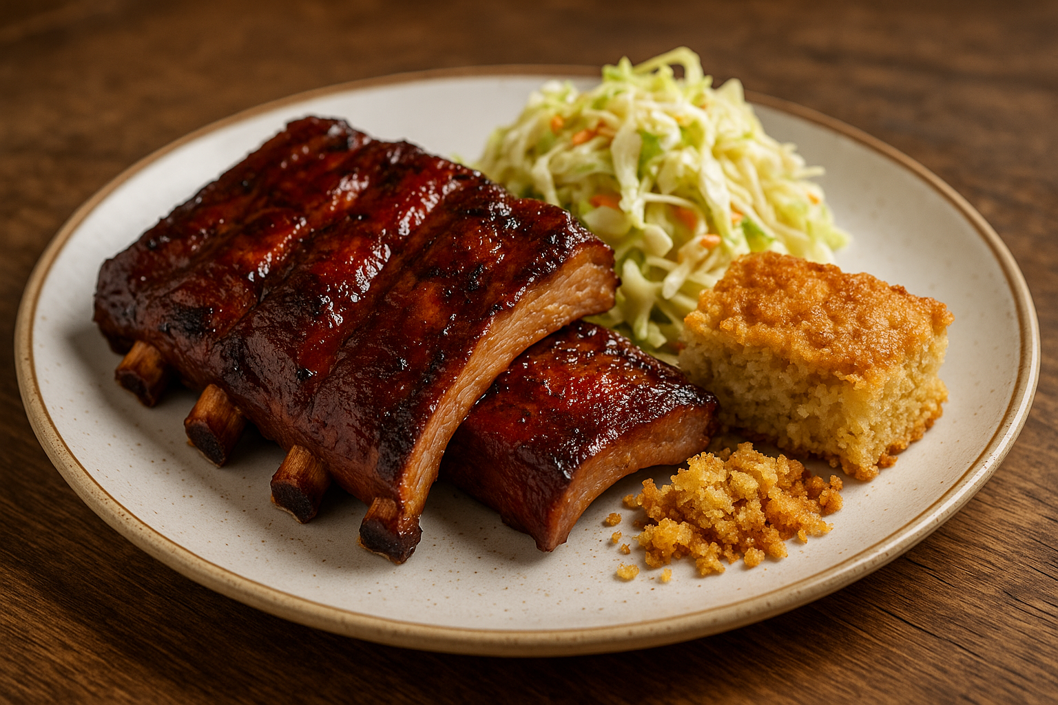 St. Louis style ribs with slaw and cornbread